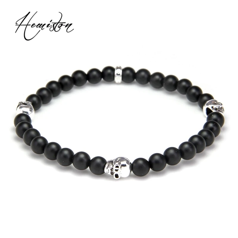 Thomas Skull and 6mm Matted Black Obsidian Bead Bracelet Rebel Heart Style Jewelry Gift for Women Men TS 499 | Украшения и