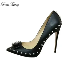 DorisFanny/черные женские туфли на высоком каблуке с острым носком; большие размеры 33-45; Серебристые туфли на шпильке 12 см с бантиком и заклепками