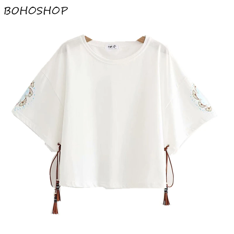 

Harajuku kawaii women Korean lace-up fish print t-shirt tee printed cotton tops shirt camiseta tassels