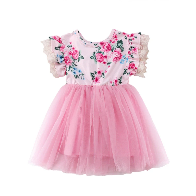 Baby Girl Puff Sleeve Dress 2018 Summer Kids Girl Party Floral Gown Bowknot Dress Lace Pink