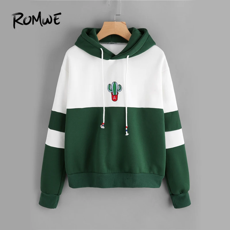 Kopen ROMWE Trekkoord Kleur Blok Cactus Geborduurd Hoodie 2018 Lente Herfst Lange Mouw Dames Casual Sportief Truien Sweatshirt