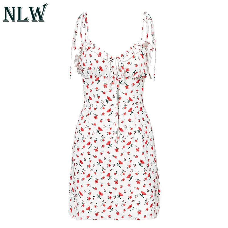 NLW Boho шифоновое платье без рукавов с цветочным принтом для женщин летнее сексуальное пляжное короткое платье повседневное женское платье на шнуровке Vestidos