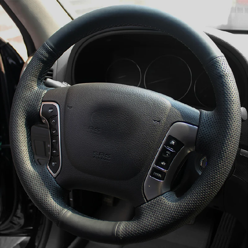 

Free Shipping High Quality cowhide Top Layer Leather handmade Sewing Steering wheel covers protect For Hyundai Hyundai Santa Fe