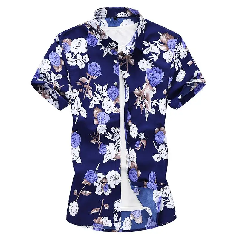 

Plus size Rose Short sleeve Hawaiian Shirt Mens Clothing Beach style Slim Blouse Men Flower Floral Shirt
