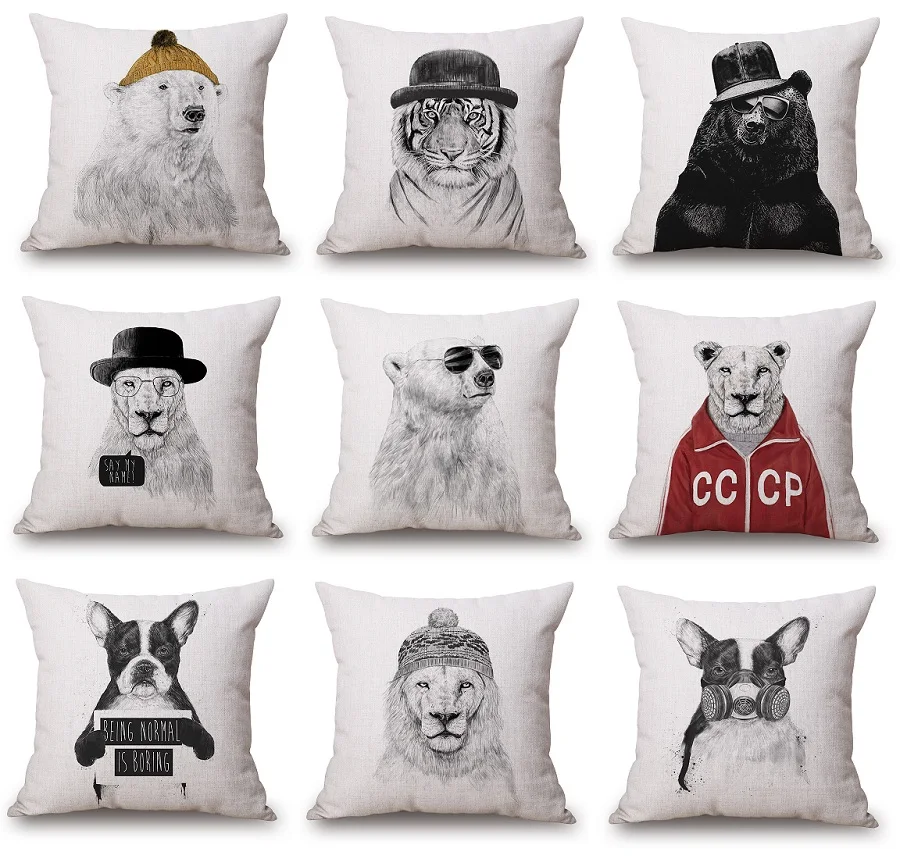 Tiger Lion Bear Cushion Cover Animal Cosplay Pillow Case Hand Sketch Thin Linen Cotton Pillow Covers Bedroom Sofa Decoration