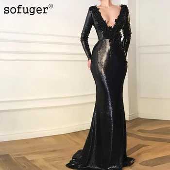

Black Long Sleeve Evening Dresses Sofuge Lace Appliques Sequin Women Mermaid Saudi Arabic Muslim Special Occasion Formal Gown