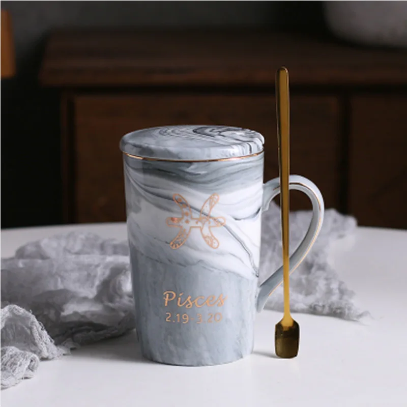 WOURMTH расписанный вручную Золотой вензель мраморный фарфор кофейная кружка 12 Созвездие чайные чашки молочные кружки креативный подарок для пары - Цвет: Pisces gray