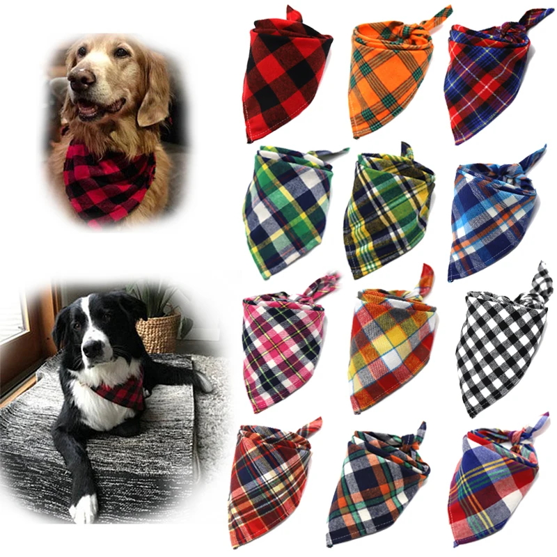 New Winter Dog Bandanas Cotton Plaid Washable Pet Bandanas Scarf Bow