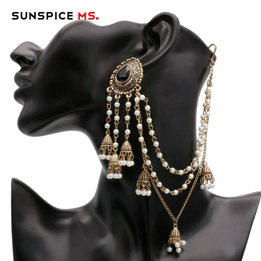 SUNSPICEMS серьги в индийском стиле, звено, головной убор, ювелирное изделие, ручная работа, цепочка из бисера с металлической подвеской, античный золотой цвет, модная свадебная бижутерия