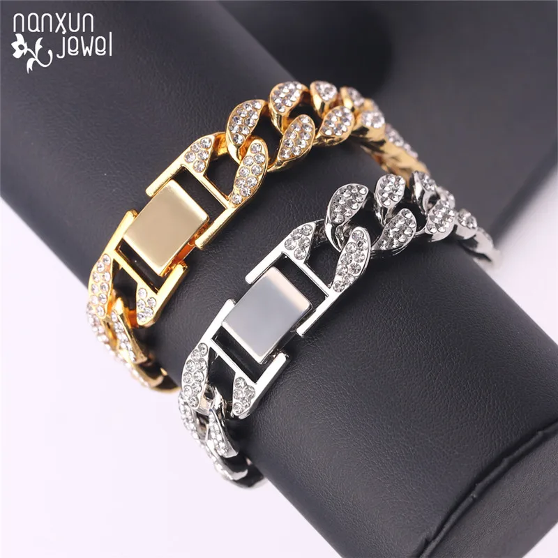 Для мужчин Роскошные Стразы в стиле «хип-хоп» Браслеты унисекс браслеты высокого качества цвета: золотистый, серебристый Цвет льдом Майами КУБИНСКИЙ звено цепи Браслеты
