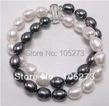 

Wholesale Pearl Jewelry AA 9-10MM White Black Rice Natural Freshwater Pearl Bracelet 8inch 2Rows Lady's Style New Free Shipping