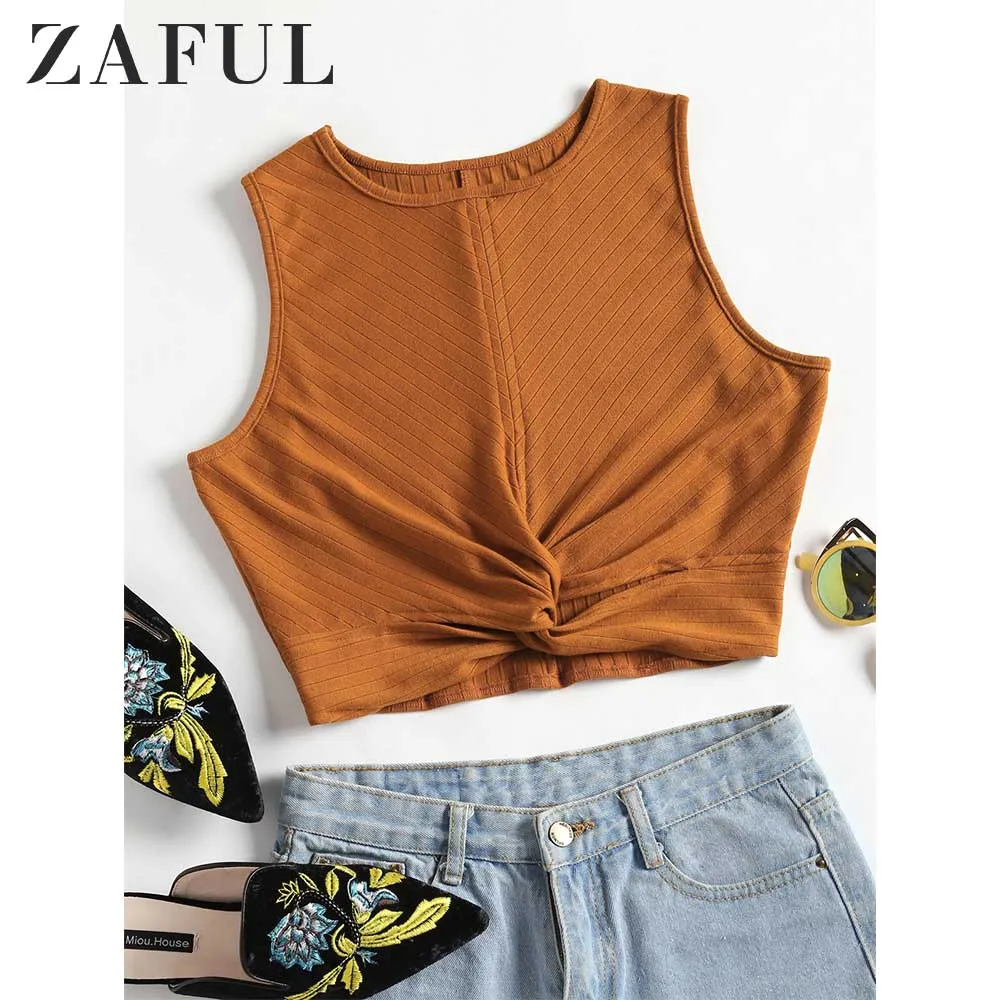 

ZAFUL Plain Twisted Tank Top Women Tops 2018 Summer Casual Crop Top New Cute Solid O Neck Short Ladies Tanks Girls Clothes