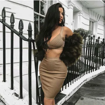 

Seamyla 2019 New Sexy Two 2 Pieces Set Women Bodycon Bandage Suits Deep V Neck Summer Sets Clubwear Evening Party Outfit Suit