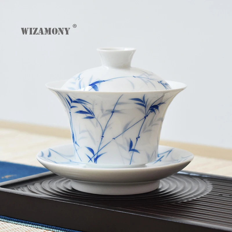 1 шт WIZAMONY голубой и белый бамбуковый Gaiwan Китайский древний чайный набор из глазури Цзиндэчжэнь чайная чашка для разнообразного чайного фарфора