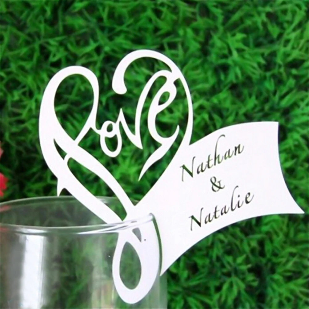 

50x Love Heart Table Name Place Escort Cup Card Wine Glass Cards Paper Laser Cut Wedding Baby Shower Party Decorations