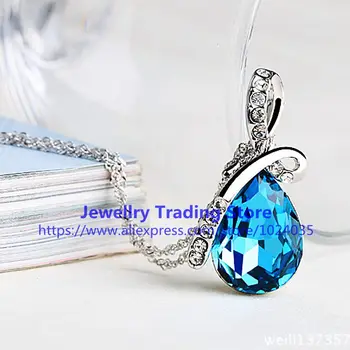 

2017 Wholesale Fashion Blue Crystal Water Drop Pendant Necklace Rhodium Plated Zircon Necklaces & Pendants For Women Necklace