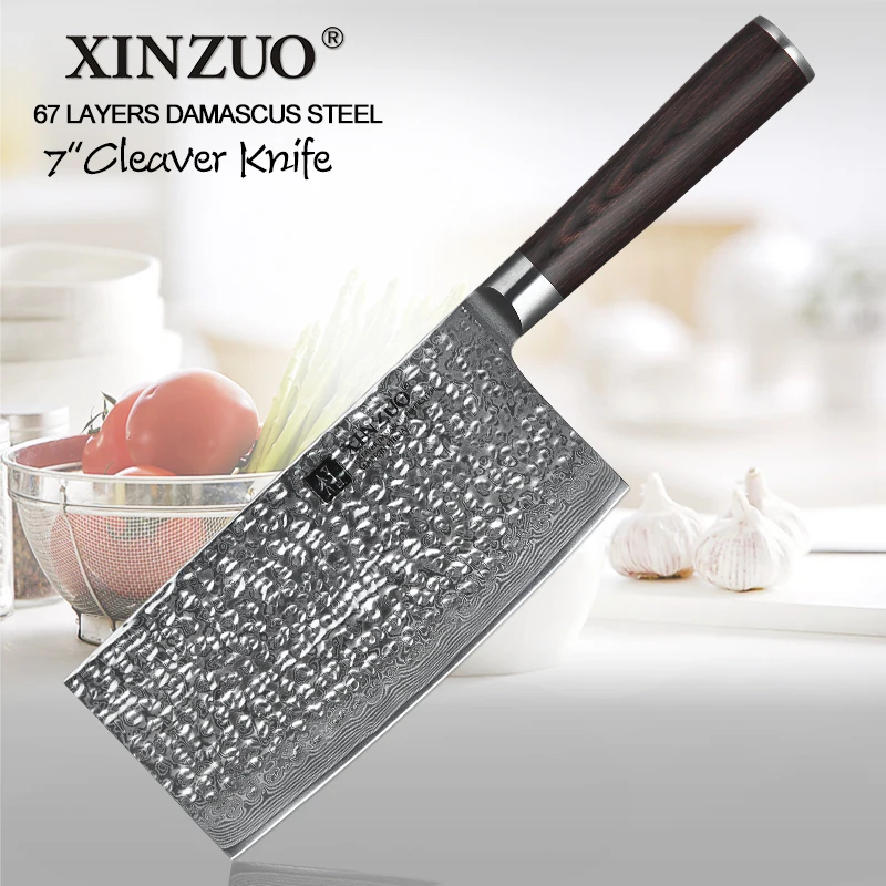 

XINZUO 7'' inch Butchers Cleaver Kitchen Knife 67 Layer Damascus Stainless Steel Chinese Chopper Knives with Pakka Wood Handle