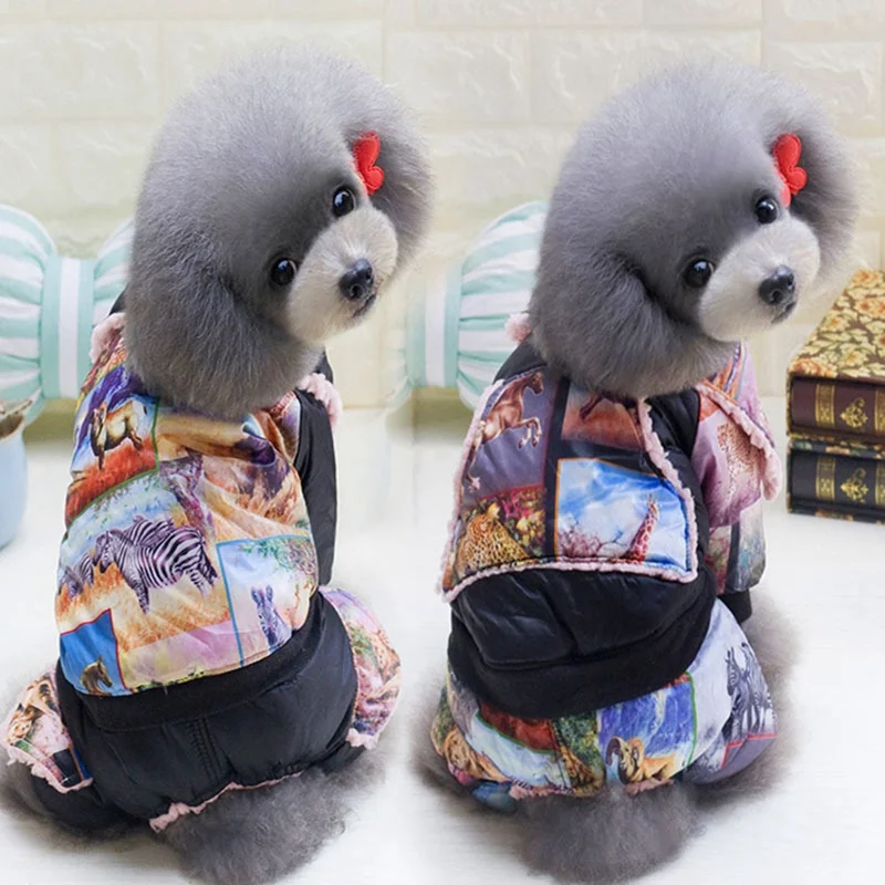 

Pet Cotton Padded Winter Clothes Cartoon Thickening Warm Cold Weather 4 Legged Jacket For Dogs Puppy Winter Overalls For Dogs