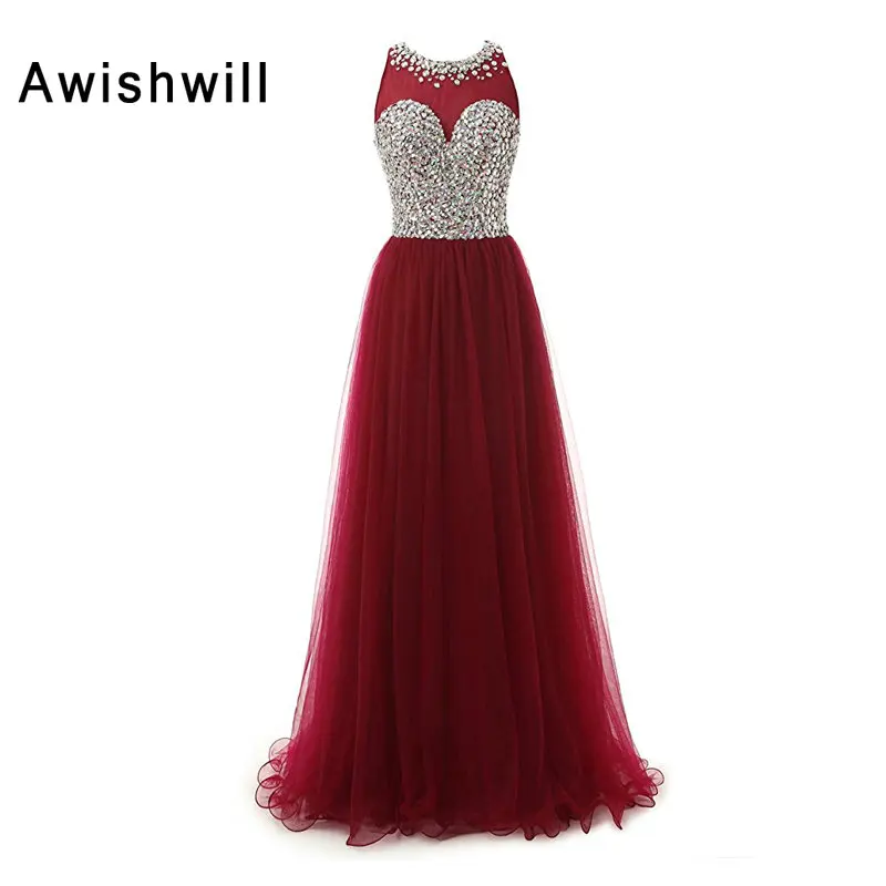 

Real Photo Sleeveless Floor Length Beaded Rhinestone Tulle Customized Long Prom Dress for Party Fashion Evening Dresses Burgundy