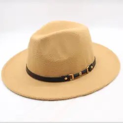 Трендовые однотонные шерсть фетровые федоры шляпы с резинка с тесьмой черный широкий плоские края мягкая фетровая шляпа в джазовом стиле
