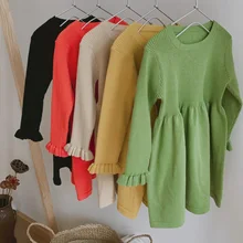 Трикотажное платье в Корейском стиле для девочек Осенняя детская одежда с длинными рукавами платья для девочек 1-6 лет