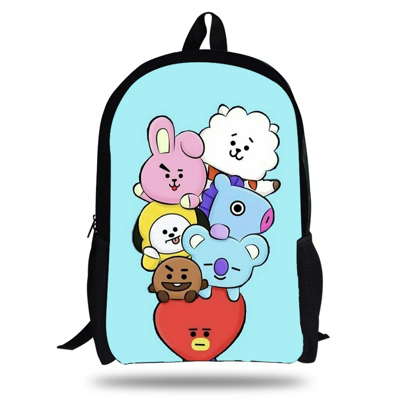 baratas BTS BT21 KOLLEGG Hot Adolescentes Meninas Sacos de Escola Dos Desenhos Animados Do Vintage Impressão Boneca Grande Capacidade de Laptop Mochila para Estudantes Mochila