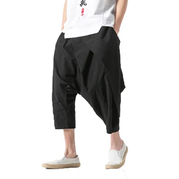 

2019 Men's Calf-Length Pants Harem Hiphop Loose Wide Pant Cotton Linen Big Drop Crotch Joggers Male Dance Trousers Plus Size 5XL