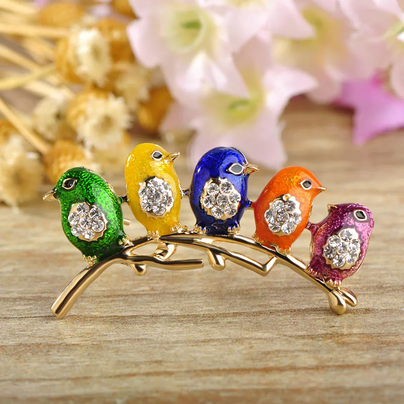 Blucome Vivid Colorful Enamel 5 Birds Brooches For Women Kids Gold Color Crystals Broches Scarf Dress Suit Shoulder Hat Brooches
