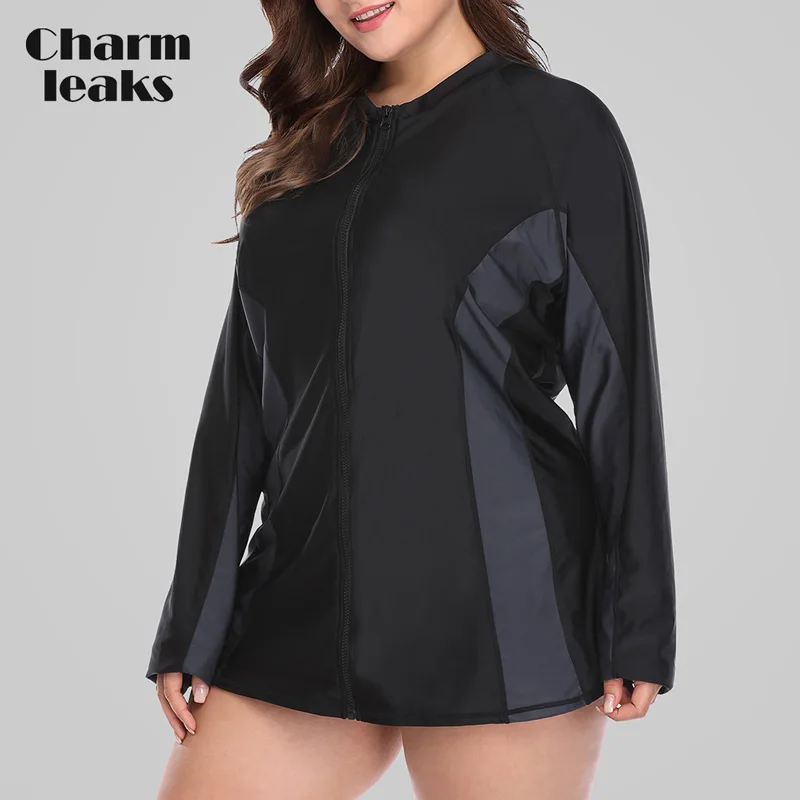 Charmleaks Women Long Sleeve Rashguard Zipper Swimsuit Shirts UPF50+ Womens Plus Size Swimwear UV-Protection Rash Guard - Цвет: Bla