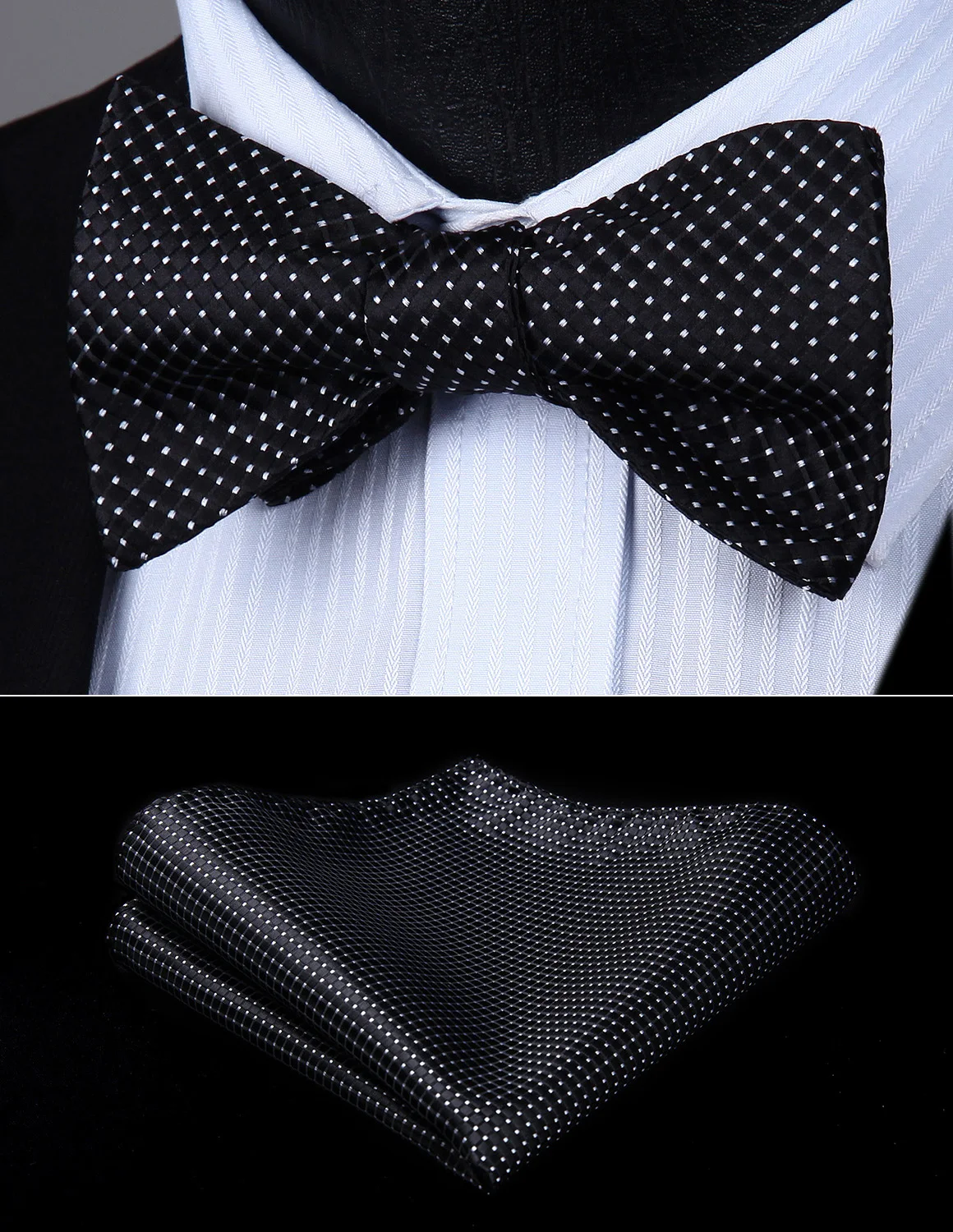 

Men Woven Black White Check Self Bow Tie Pocket Square Butterfly Silk Set#BC614LS Bow Tie handkerchief set