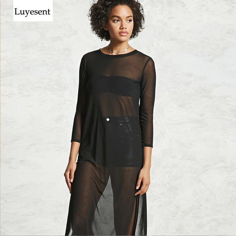 

Women Mesh Solid Black Transparent Sexy Long Dresses Round Neck Three Quarter Sleeve See Through High Slit Vestidos Lady Dress