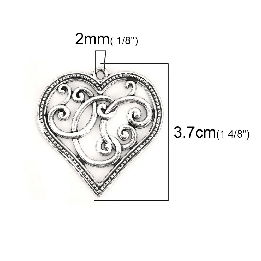 DoreenBeads, модные подвески из цинкового сплава, сердце, античный серебряный цвет, ювелирное изделие, сделай сам, подвески 37 мм(1 4/") x 36 мм(1 3/8"), 10 шт