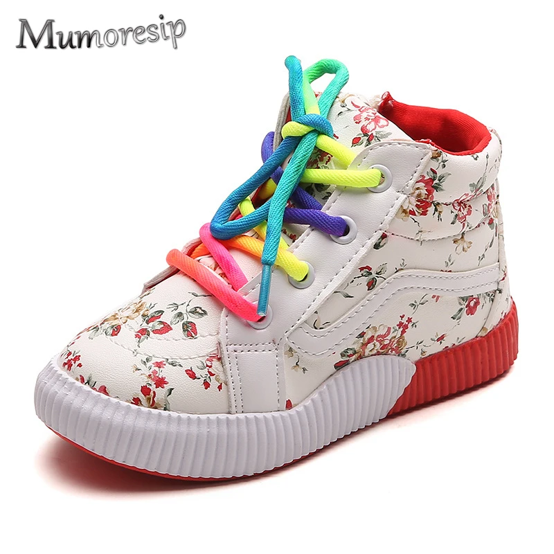 

Mumoresip 2019 Spring Autumn Fashion Kids Shoes For Boys Girls High-tops With Flowers Printed Casual Sneakers Colorful Shoelace