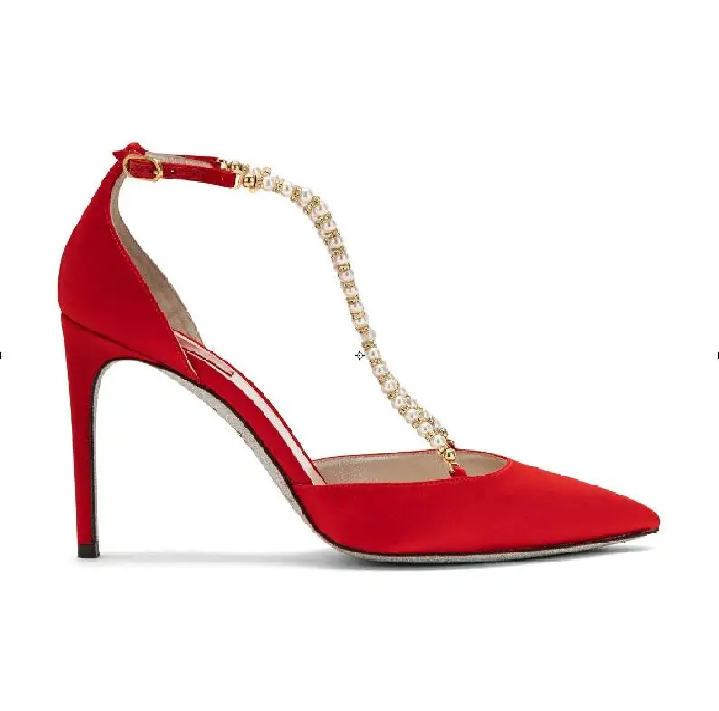 

Hot Fashion Sexy Red/Black Silk Buckle Strap Shoes String Bead Cover Heel Women's Shoes Pointed Toe Thin Heels Women's Sandals