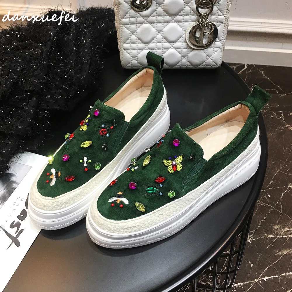 Women's genuine suede leather Rhinestone slip on platfrom flats loafers