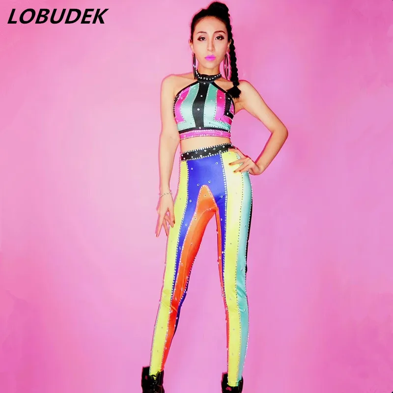  Summer Female 2 Pieces Set Shiny Crystals Colorful Stripes Tops Pants Women Set Sexy Bar Nightclub 