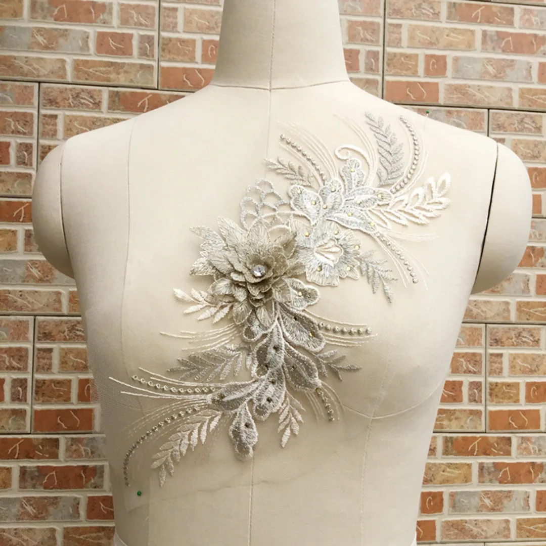 39*16cm DIY Motif 3D Lace Flower Embroidery Bridal Applique Pearl Beaded Tulle