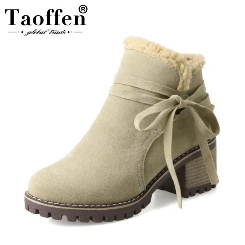 

Taoffen Woman Ankle Boots Bowtie Fur Warm Short Boots Thick Heel Woman Shoes Fashion Sweet Winter Ladies Boots Size 34-43