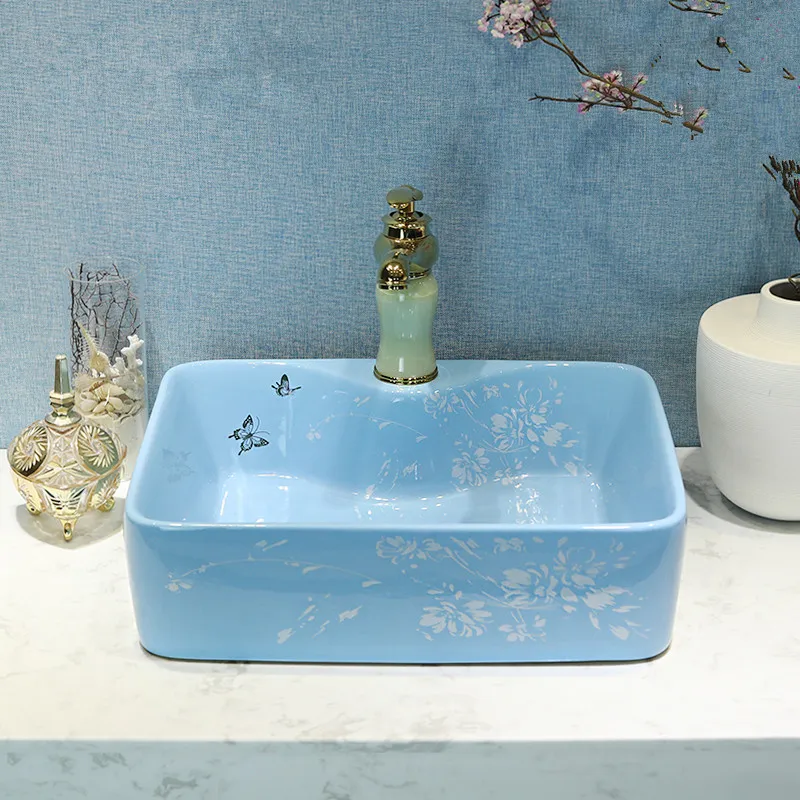 Modern Artistic Ceramic Oval Coutertop Bathroom Sink Wash Basin rectangular bluein Bathroom
