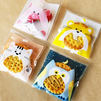 

200pcs Animal Cookie Bags Owl Cat Rabbit Candy Packing Biscuit Dessert Sealing Bags Party Gift Wrapping Decoration Plastic Bags
