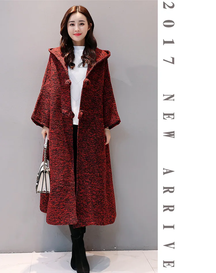 Женская коллекция, Корейская новинка, Осень-зима, рукав летучая мышь, шерсть, пальто размера плюс, Длинный свободный кардиган с капюшоном, шерстяная куртка, верхняя одежда O722