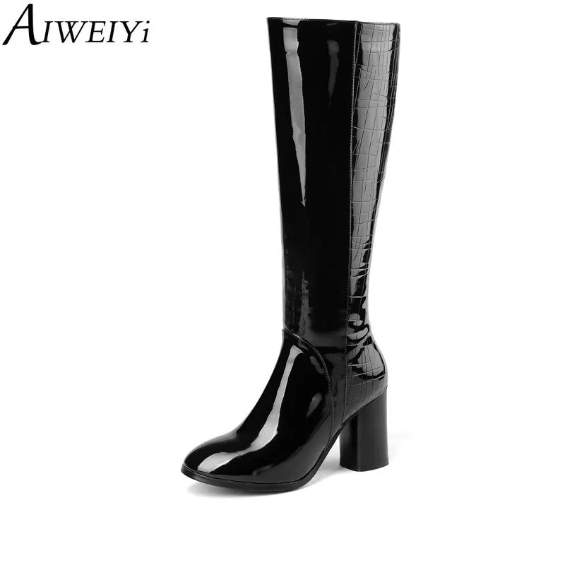 

AIWEIYi Patent Leather Thick High High Heels Knee High Boots Round toe Shoes Woman Genuine Leather Motorcycle Boots Long Botas