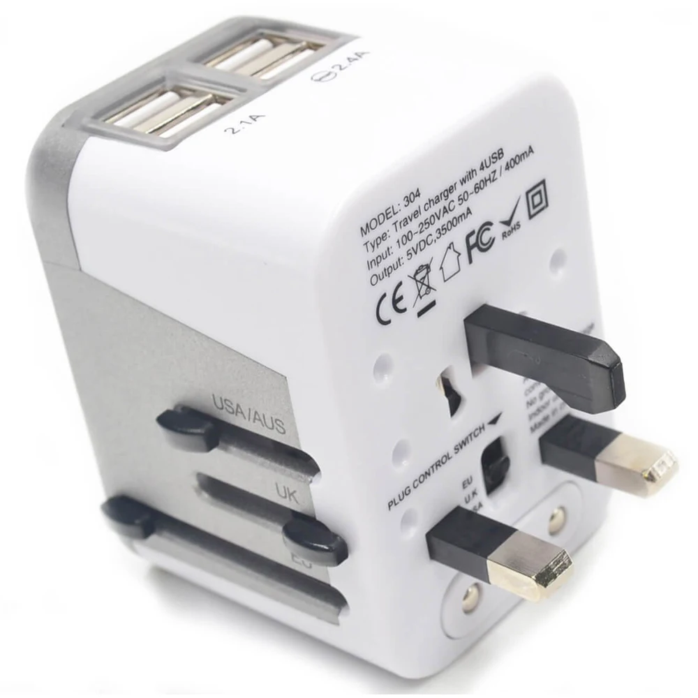 Power Plug Adapter International Travel 4 USB Ports work 220 Volt