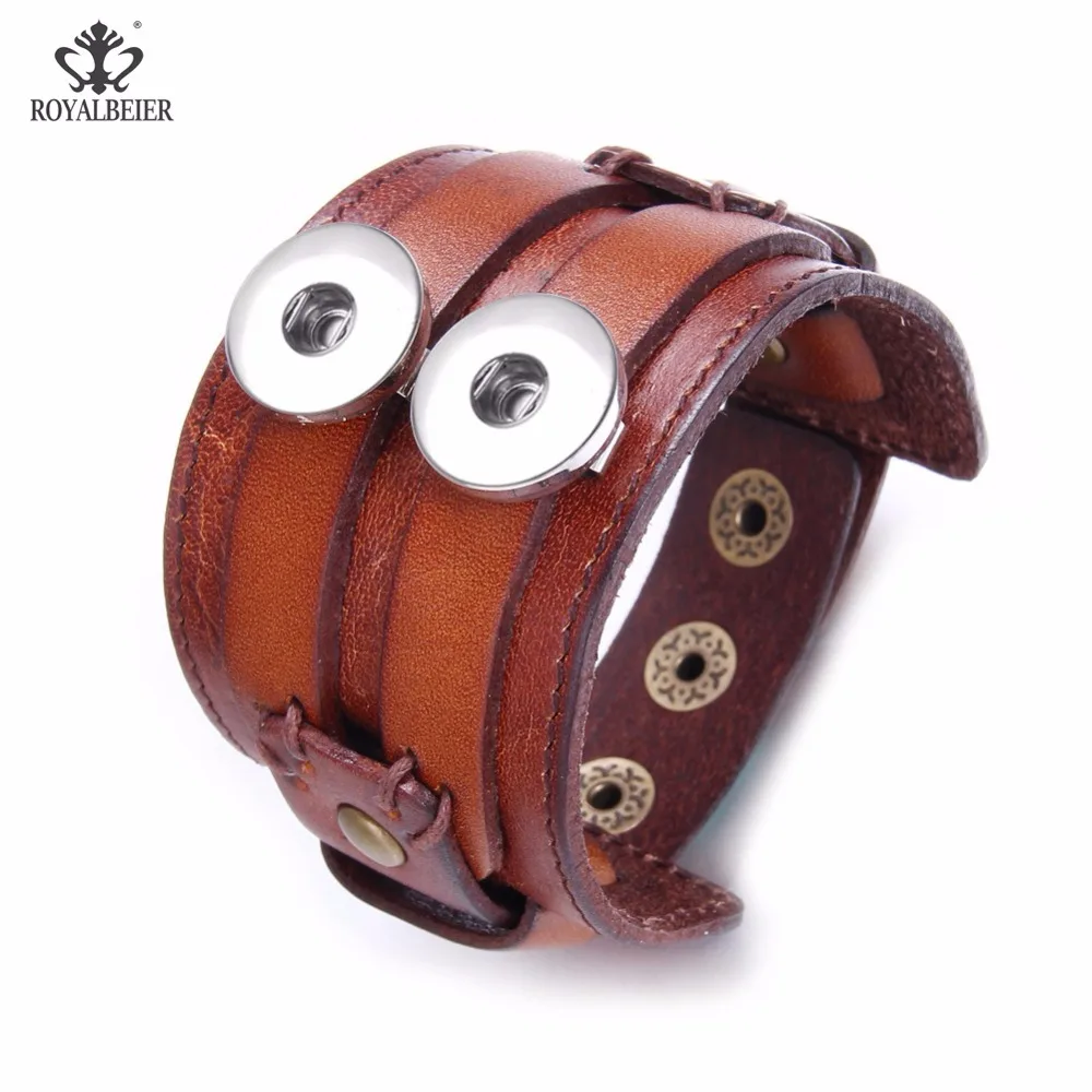 

ROYALBEIER кожаный двойной широкий браслет с манжетами браслеты для 18 мм кнопки мужские модные мужские браслеты унисекс ювелирные изделия подарок