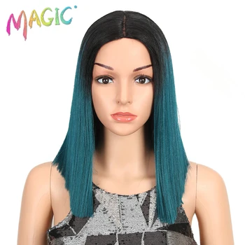 

MAGIC 14"Inch Ombre Black Blonde 9 Color Short Bob Lace Front Synthetic Wigs For Black Women Straight Middle Parting Blunt Wigs