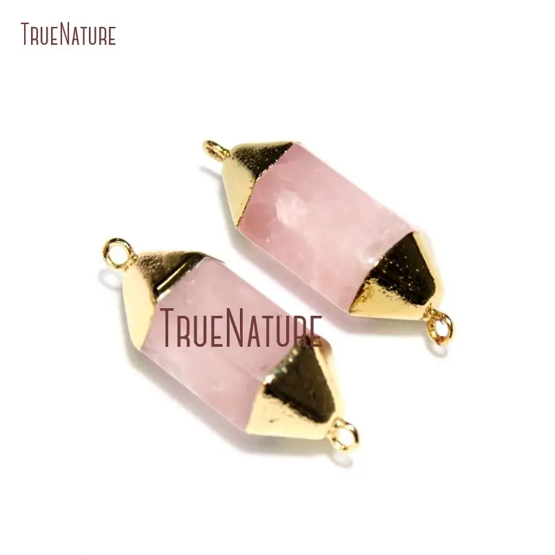 

10Pcs Designer Gold Plating Faceted Double Terminated Point Connector Rose Quartzs Connector Online Approx 40x13mm PC15941