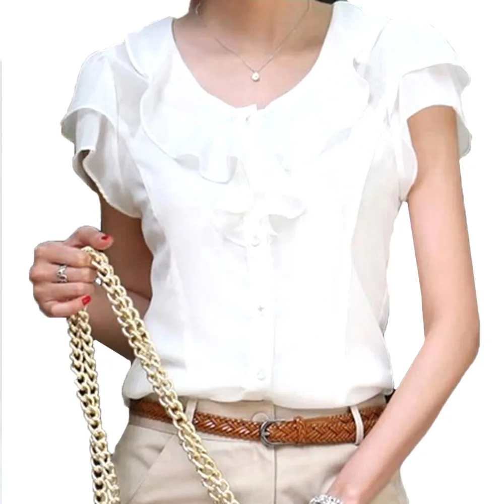 

Women Summer Chiffon Shirt Lotus Leaf Female Short-sleeved Professional Slimming Solid Color Elegant Polyester Commuting Korean