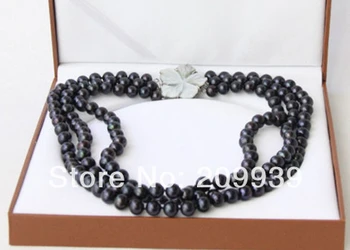 

huij 003283 3row 10mm round black Freshwater pearl necklace seashell clasp