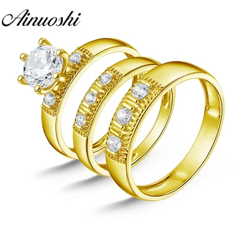 

AINUOSHI Real Gold TRIO Rings Set Bridal Rings 3 Stone Male Wedding Band 14K Solid Yellow Gold Couple Rings Set Engagement Rings