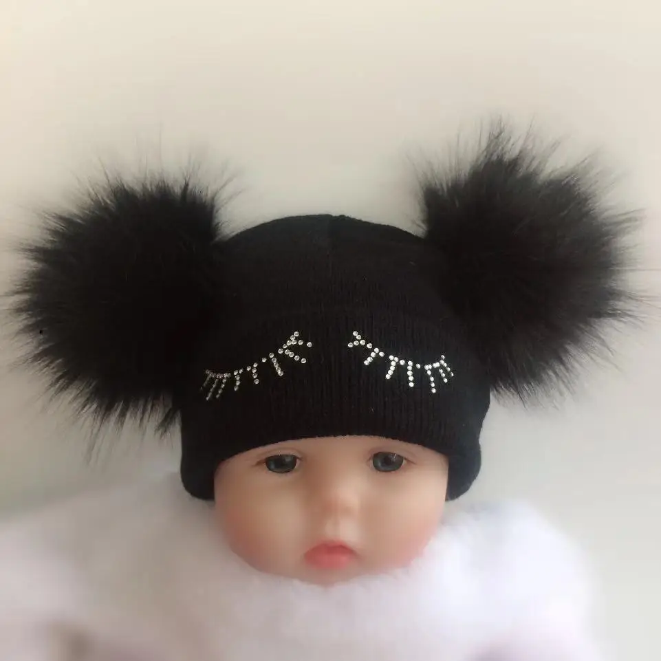 

children's winter infant newborn baby kids faux fur wool hat cap beanie with 2 double pom pom beanie for boys and girl props